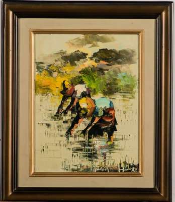 unbekannter Künstler, asiatisches Motiv, Öl/Hartfaser, unleserlich sign., 37x31 cm, Rahmen