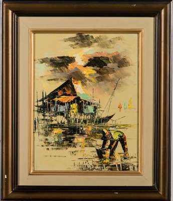 unbekannter Künstler, asiatisches Motiv, Öl/Hartfaser, unleserlich sign., 37x31 cm, Rahmen