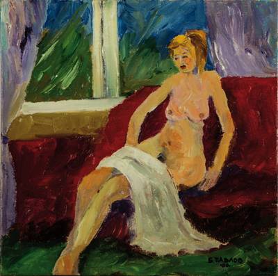 Boris Pavlov, 1928-2005, Der Akt auf Sofa, Paris 1980, Öl/Lwd/Karton, signiert, verso Klebeetikett mit der Nachlassnr. sowie kyrillischer ...