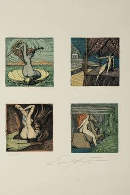 Ernst Fuchs, 1930-2015, Farbaquatintaradierung, Die Geburt der Venus/ Nikolaus/ Zyklopische Landschaft/ O.T., sign, num. 146/200, Blattmaß 59x42 cm
