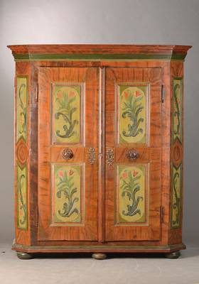 Barocker Spaltschrank, Schwarzwald, um 1820 Weichholz polychrome gefaßt, 2-türig, auf Rahmen gearbeitet, Blumen u. Rocaillenbemalung, Bemalung z.T. ...