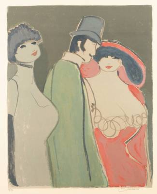 David Schneuer, 1905-1988, Ein Herr mit zwei Damen, Farblithografie, sign, num. 39/190, ca. 51x40,5 cm, unter Glas gerahmt