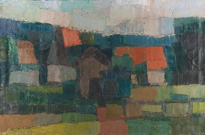 unbekannter Künstler, abstrakte Landschaftsmalerei, Öl/Lwd, ca. 65x100 cm, Rahmen