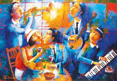 Slava Posudevsky, geb. 1963 Ukraine, Fantastic Jazz, Mischtechnik/Lwd, sign., 90x130cm