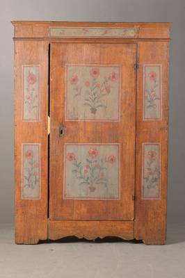 Kleiner Bauernschrank, Hessen, dat. 1792, Weichholz polychrom gefaßt, 1-türig, stiltypische Bauernblumenbemalung, Altersbedingte Fassungsverluste, ...