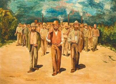 Giacomo Schiari, zeitgenössischer Künstler, Arbeiter marschieren vor der Fabrik auf, Öl/ Spanplatte, rechts unten signiert, ca. 111x86cm, Rahmen