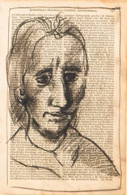 A.R. Penck, geb. 1939, Porträt einer Frau, Kohlestift auf Buchseite, Blattgr. 24x16 cm, unter Glas gerahmt