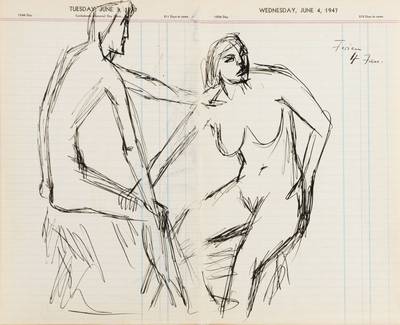 Karl Hubbuch, 1891-1979, Tusche-Zeichnungen auf zwei Kalenderblätter, beidseitig bemalt, Nachlaßstempel, Blattgr. 31,5x39 cm