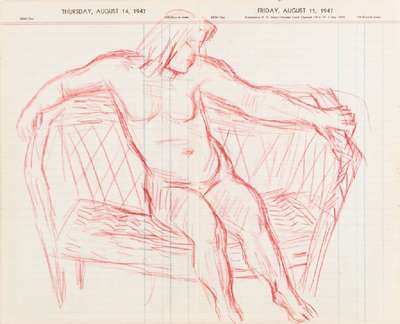 Karl Hubbuch, 1891-1979, Buntstift- Zeichnung, doppelseitig bemalt, Kalenderblatt,Nachlassstempel, Blattgr. 31x39 cm