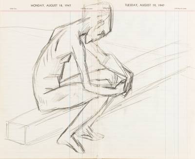 Karl Hubbuch, 1891-1979, Bleistift-Zeichnungauf zwei Kalenderblätter, beidseitig bemalt, Nachlaßstempel, Blattgr. 31,5x39 cm