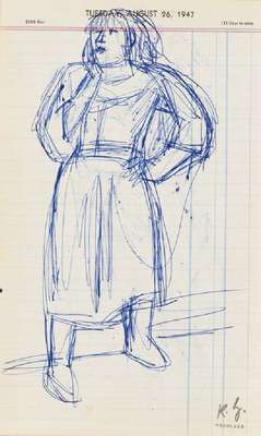 Karl Hubbuch, 1891-1979, Kugelschreiber- Zeichnung, doppelseitig bemalt, Kalenderblatt,Nachlass-Stempel, Blattgr. 31x19 cm