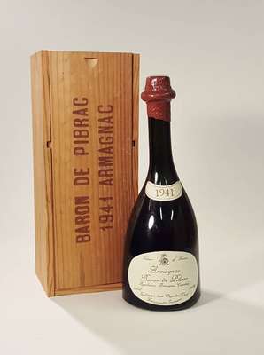 1 Flasche 1941 Baron de Pibrac Armagnac, ca. 70 cl, 40 % Vol., unverkostet, in der Originalholzkiste, sehr selten im Angebot, sehr guter ...