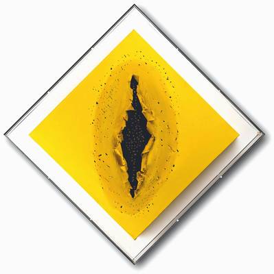 unbekannter Künstler, Hommage a Fontana, Kunstobjekt aus Nägel, Acryl auf Leinwand, ca.50x50 cm, Objekt in Acrylbox gefasst, ca. 61x51x10 cm, ca. ...