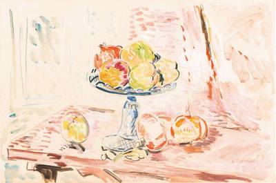 Hans Purrmann, 18810-1966, Stillleben mit Früchten, Aquarell, aufgeführt im WVZ der Aquarelle Nr. 1938/37, verso Bleistiftzeichnung des Lützowufer ...