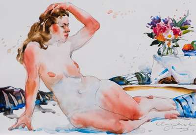 Ewa Ludwiczak, geb. 1988 Nowa Sol/Polen, Konvolut aus 4 Aquarellen, weibliche Akte mit Blumen, sign., Blattgr. 20 x 30 cm