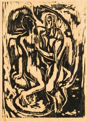 Rudi Baerwind,1910-1982, Konvolut aus einem Linolschnitt, sign., unleserlich betitelt, ca. 29x41 cm, PP, unter Glas gerahmt, und einem Holzschnitt ...