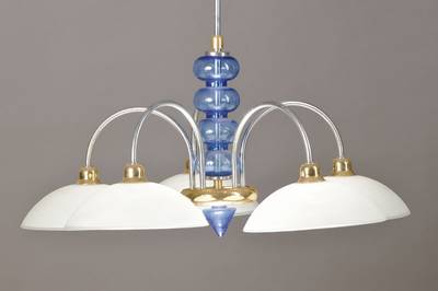 Deckenlampe, Art-Deco, 1930 Frankreich, gestauchter Glaskörper, 5 Opalglasschirme mit je 1 Brennstelle, Elektrifierzierung nicht geprüft, H. ca. 90 ...