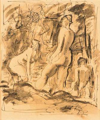 Hanns Fay, 1888-1957, Tuschezeichnung drei Frauenakte beim Baden, re unten sign., PP, Ausschnitt 20x16 cm, unter Glas gerahmt