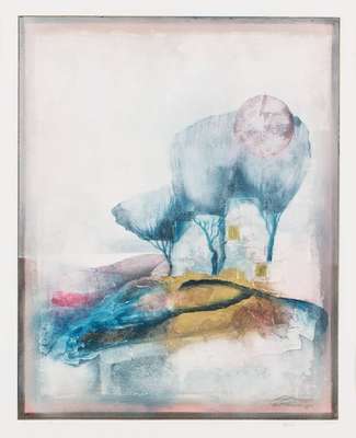 Ernst Peter Rade, geb. 1938 Heidenau, Architektur unter Bäumen, original Acrylcollage, sign., dat. 1988, betitelt, Motiv 50x40 cm, unter Glas gerahmt