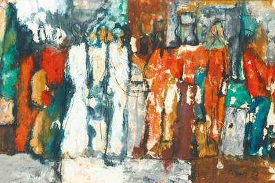 unbekannter Künstler, Große Personenstaffage in der Reihe stehend, Mischtechnik/Gouache, undeutlich sign., dat. 1972, PP, Ausschnitt 48x72 cm, ...