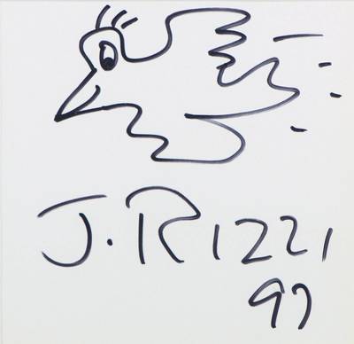 James Rizzi, 1950-2011, Rizzi Bird, Filzstiftzeichnung, dat. 97, handsign., PP, Ausschnitt 19x19 cm, unter Glas gerahmt