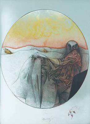 Bruno Bruni, geb. 1935 Gradara, Die Weise II, Farblithografie 1976, handsign, num. 100/100, Blattgr. 65 x 50 cm, WV 154, unter Glas gerahmt