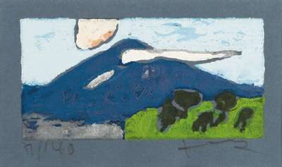 Klaus Fussmann, geb. 1938 Velbert, Ätna, Farblinolschnitt auf blaugrauem Papier, handsigniert, num. 31/140, ca. 7x14cm
