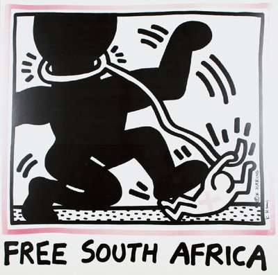 Keith Haring, 1958-1990, Free South Africa, Farblithographie, handsigniert, Blattgr. ca. 121,5 x 121,5 cm, unter Glas gerahmt, leicht verblichen
