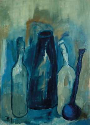 Lucien Sotto, zeitgenössischer Belgischer Künstler, Stillleben mit Flaschen, Öl/Hartfaser, sign., ca. 70x55 cm, Rahmen