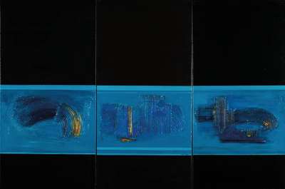 Nikola Tomin, zeitgenössischer Künstler, Fossil, Triptychon in schwarz, Acryl/Lwd, sign., je 100x50 cm