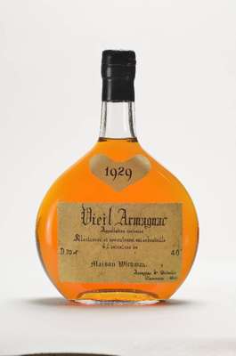 1 Flasche 1929 Goudolin Vieil Armagnac Maison Wichman, ca. 70 cl, 40 % Vol., unverkostet, Abstand zwischen Kapsel und Armagnac: ca. 2,8 cm, sehr ...
