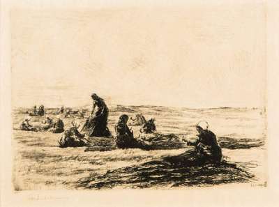 Max Liebermann, 1847-1935, Netzflickerinnen, Aquatinta-Radierung auf Bütten, 1894, in der Platte und handsign., WVZ: Schiefler 33IIIb, erschienen in ...