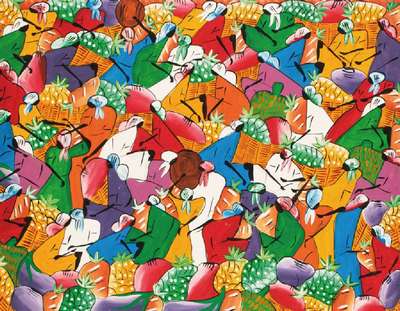 zeitgenössischer Maler aus Haiti, Markttreiben, Öl/Lwd, unsigniert, ca. 68x86cm, Rahmen