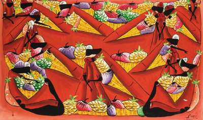 Sinel, zeitgenössischer Maler aus Haiti, Frauen auf dem Markt, Öl/Lwd, rechts unten sign., 80x130 cm, Rahmen