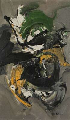 Bernard Bygodt, 1939-2004, Abstrakte Komposition in Schwarz, Gelb, Grün, Öl/Lwd, sign., verso sign., dat. 1968, Lwd 35x22 cm, von einem ...