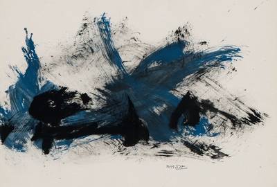 Bernard Bygodt, 1939-2004, Abstrakte Komposition in Schwarz und Blau, Gouache auf Malkarton, um 1968, sign., PP ca. 36x52 cm, unter Glas gerahmt, ...