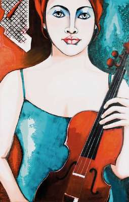 Silvia Sartelet, geb. 1947 Berlin, Frauendarstellung mit Violine, Acryl/Lwd, sign., 117x75 cm