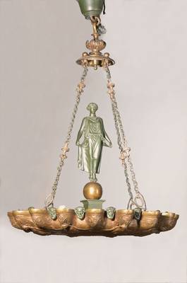 Schwere Bronzeleuchter, deutsch, um 1880/90, Bronze, nach Vorbild der alten Ölleuchten, schweren Schale in Renaissance-Manier an 4 Ketten ...
