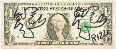 James Rizzi, 1950-2011, Dollarnote mit RizziBirds, sign., ca. 7x15 cm, Rahmen 25x34 cm, unter Glas gerahmt, inkl. Zertifikat