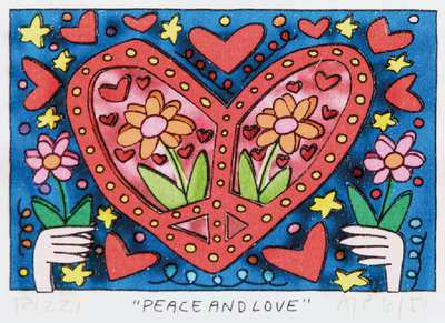 James Rizzi, 1950-2011, Peace and Love, 3D- Lithografie, sign., num. AP 6/50, betitelt, Motiv ca. 5x8 cm, unter Glas gerahmt