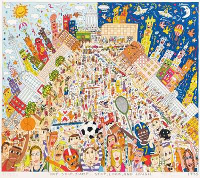 James Rizzi, 1950-2011, Hop, Skip, Jump... Stop, Look, and Laugh, Farblithografie, handsign., num. 592/600, dat. 1996, Blattgr. 43x47 cm