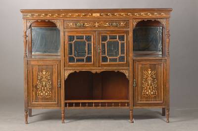 Salon-Anrichte, wohl England, um 1860/80, Palisanderfurnier mit Bein-Einlagen in Arabesker Form, im englisch historiserenden Stil, 4- türig, 2 mit ...