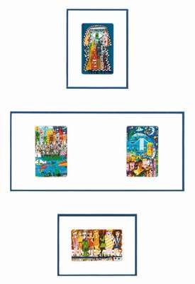 James Rizzi, 1950-2011, 4 Telefonkarten, BigBrother, Living near the water, We who love the Big Apple, The Girls, je sign., je 8,5x5 cm, gesamt 55x65 ...