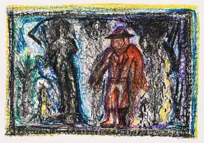 Zimcon, geb. 1938 Hannover, Meisterschüler von A.R. Penck, hier: Begegnung, Pastell/Graphit-Zeichnung, sign., Blattgr. 60x83 cm