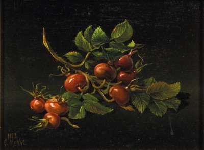 Charles Menge, 1920-2009, Nature morte aux cynorrhodons, Öl/Holz, sign, dat.1993, ca. 18x24cm, Rahmen ca. 33,5x40 cm
