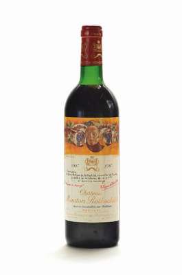 1 Flasche 1987 Chateau Mouton Rothschild, Premier Cru Classe, Pauillac, Künstleretikett:Hans Erni (1909-2015), ca. 75 cl, 12% Vol., Füllstand: ca. ...