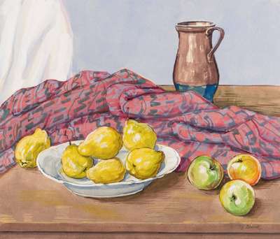 Werner Brand, geb. 1933 Löbau/Sachsen, lebt und arbeitet in Hochstadt/Pfalz, hier: Obstschale mit Quitten, Aquarell, sign., Blattgr. 42,5x50 cm