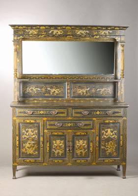 Aufsatzbuffet, wohl China, für den europäischen Markt, um 1880/90, Lack, Kredenz 4-türig, 3-schübig, asiatische Ornamentik, Drachenmotive, ...