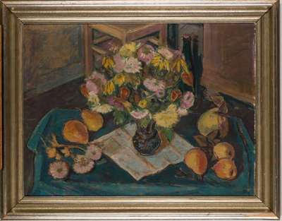 Hermann Sauter, 1891 Germersheim-1981 Landau, Stillleben, gedeckter Tisch mit Blumen, ca. 1938-40, Öl/Lwd, links oben sign.,61x80 cm, Rahmen
