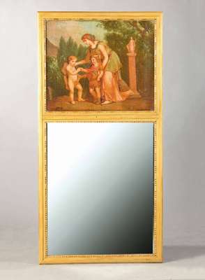 Trumeau, wohl Frankreich, um 1770/80, mit Ölgemälde, Goldfassung lt. aufgefrischt, ca. 137x68 cm